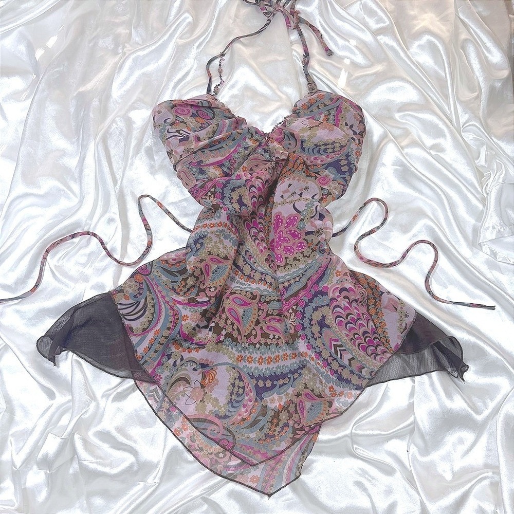 y2k Halter Top Pink Good Heart Soul Paisley Beaded Handkerchief Hem